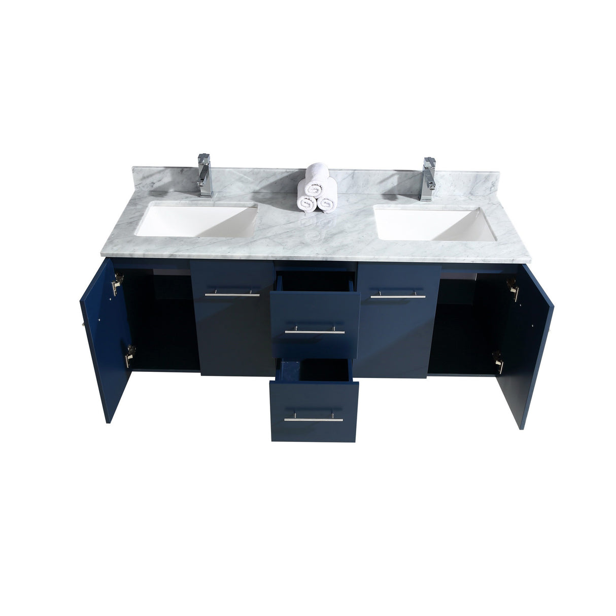 Geneva 60" Navy Blue Double Vanity, White Carrara Marble Top, White Square Sinks and 60" LED Mirror