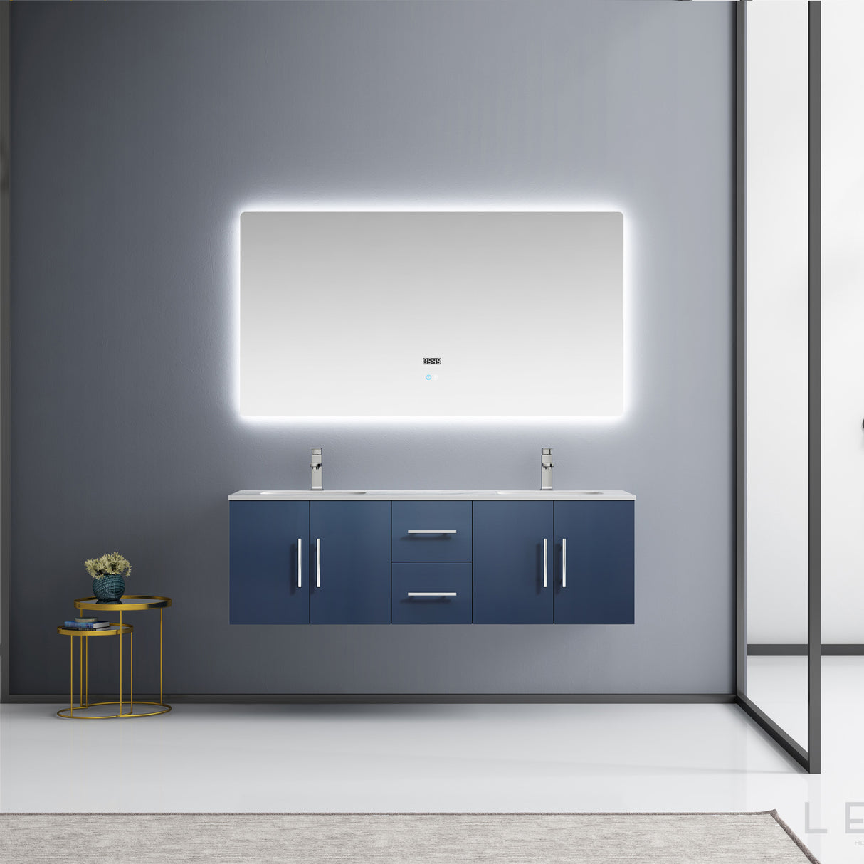 Geneva 60" Navy Blue Double Vanity, White Carrara Marble Top, White Square Sinks and 60" LED Mirror w/ Faucets