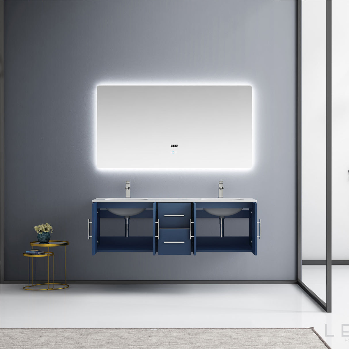 Geneva 60" Navy Blue Double Vanity, White Carrara Marble Top, White Square Sinks and 60" LED Mirror