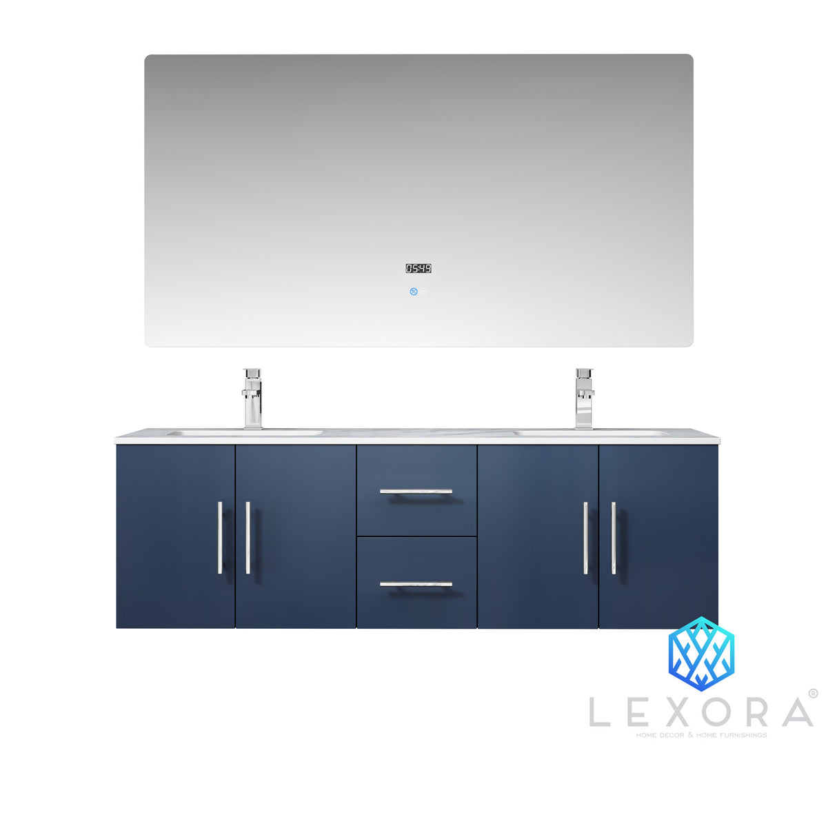 Geneva 60" Navy Blue Double Vanity, White Carrara Marble Top, White Square Sinks and 60" LED Mirror w/ Faucets