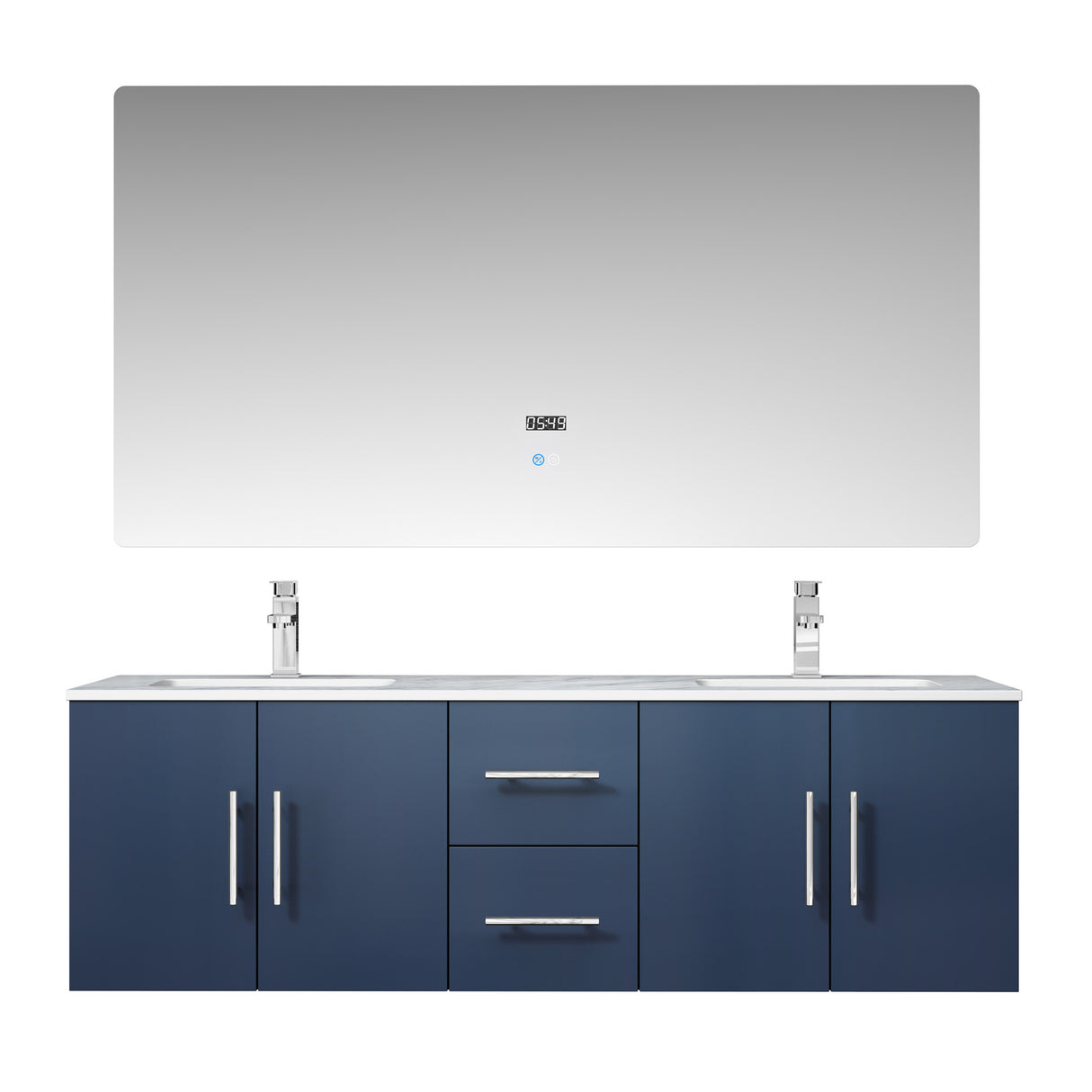 Geneva 60" Navy Blue Double Vanity, White Carrara Marble Top, White Square Sinks and 60" LED Mirror w/ Faucets