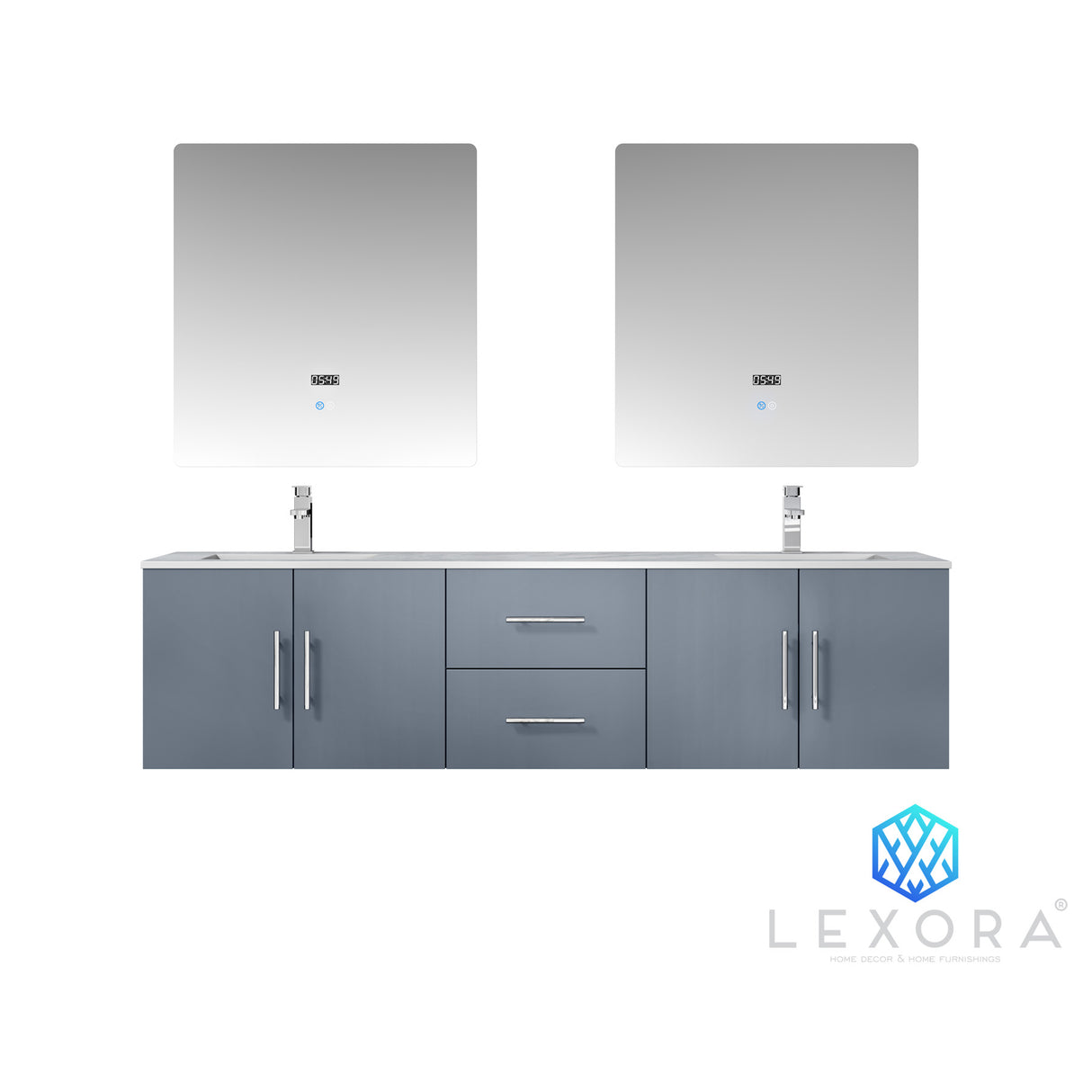 Geneva 72" Dark Grey Double Vanity, White Carrara Marble Top, White Square Sinks and 30" LED Mirrors w/ Faucets