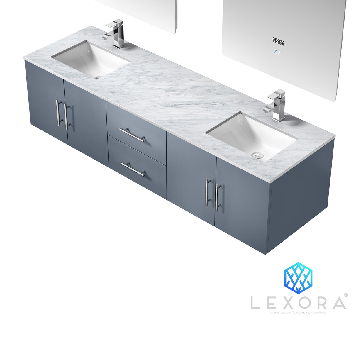 Geneva 72" Dark Grey Double Vanity, White Carrara Marble Top, White Square Sinks and 30" LED Mirrors w/ Faucets