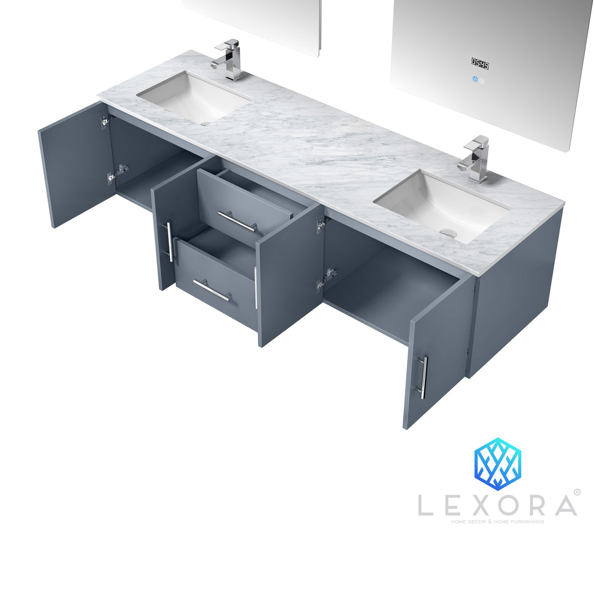 Geneva 72" Dark Grey Double Vanity, White Carrara Marble Top, White Square Sinks and 30" LED Mirrors w/ Faucets