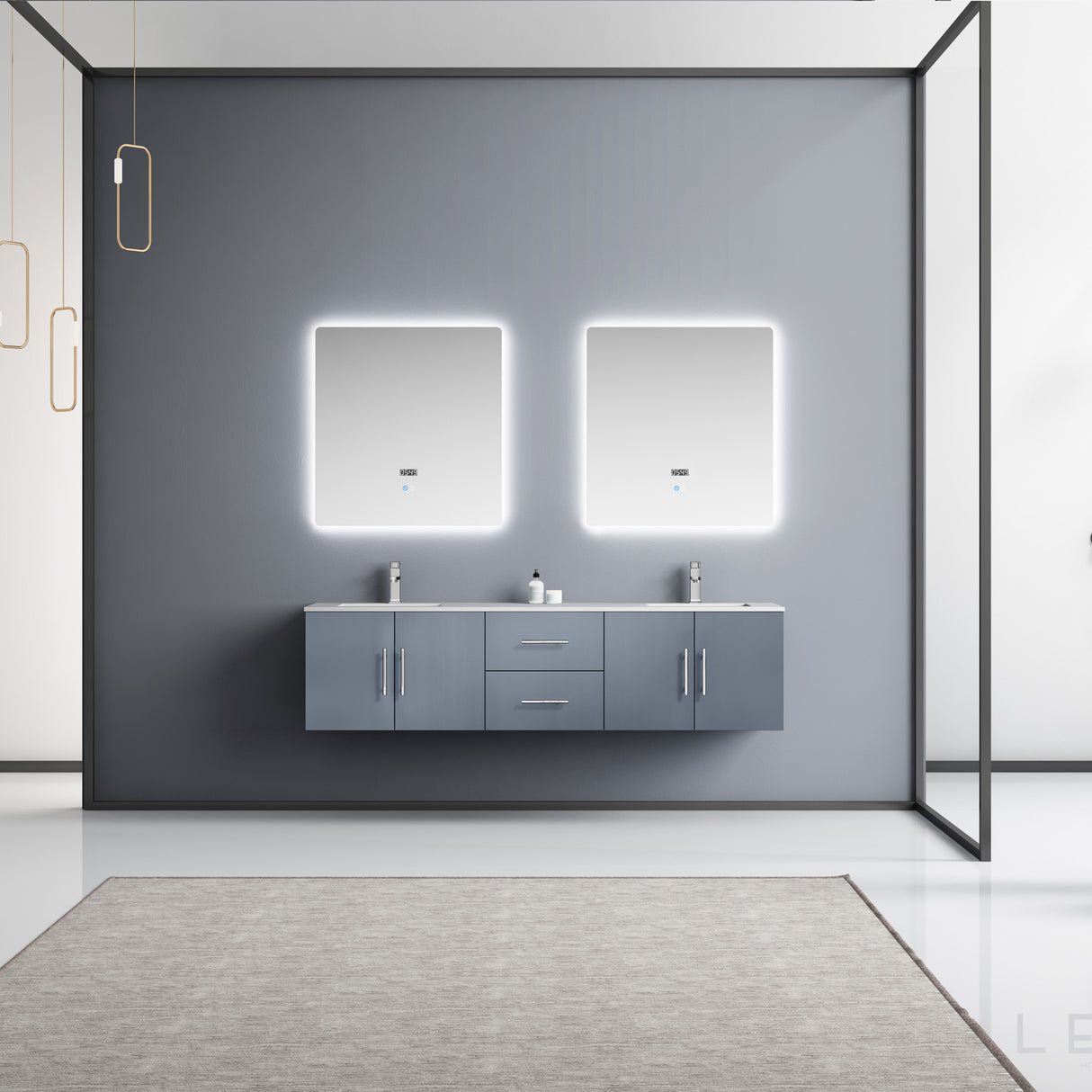 Geneva 72" Dark Grey Double Vanity, White Carrara Marble Top, White Square Sinks and 30" LED Mirrors w/ Faucets