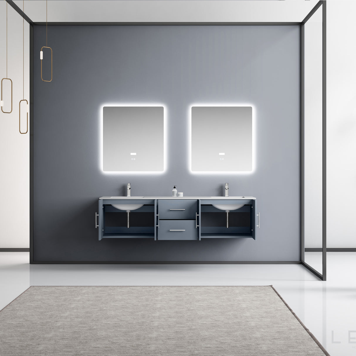 Geneva 72" Dark Grey Double Vanity, White Carrara Marble Top, White Square Sinks and 30" LED Mirrors w/ Faucets