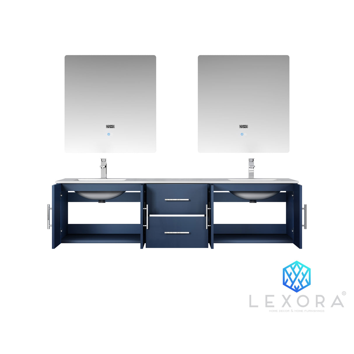 Geneva 72" Navy Blue Double Vanity, White Carrara Marble Top, White Square Sinks and 30" LED Mirrors w/ Faucets
