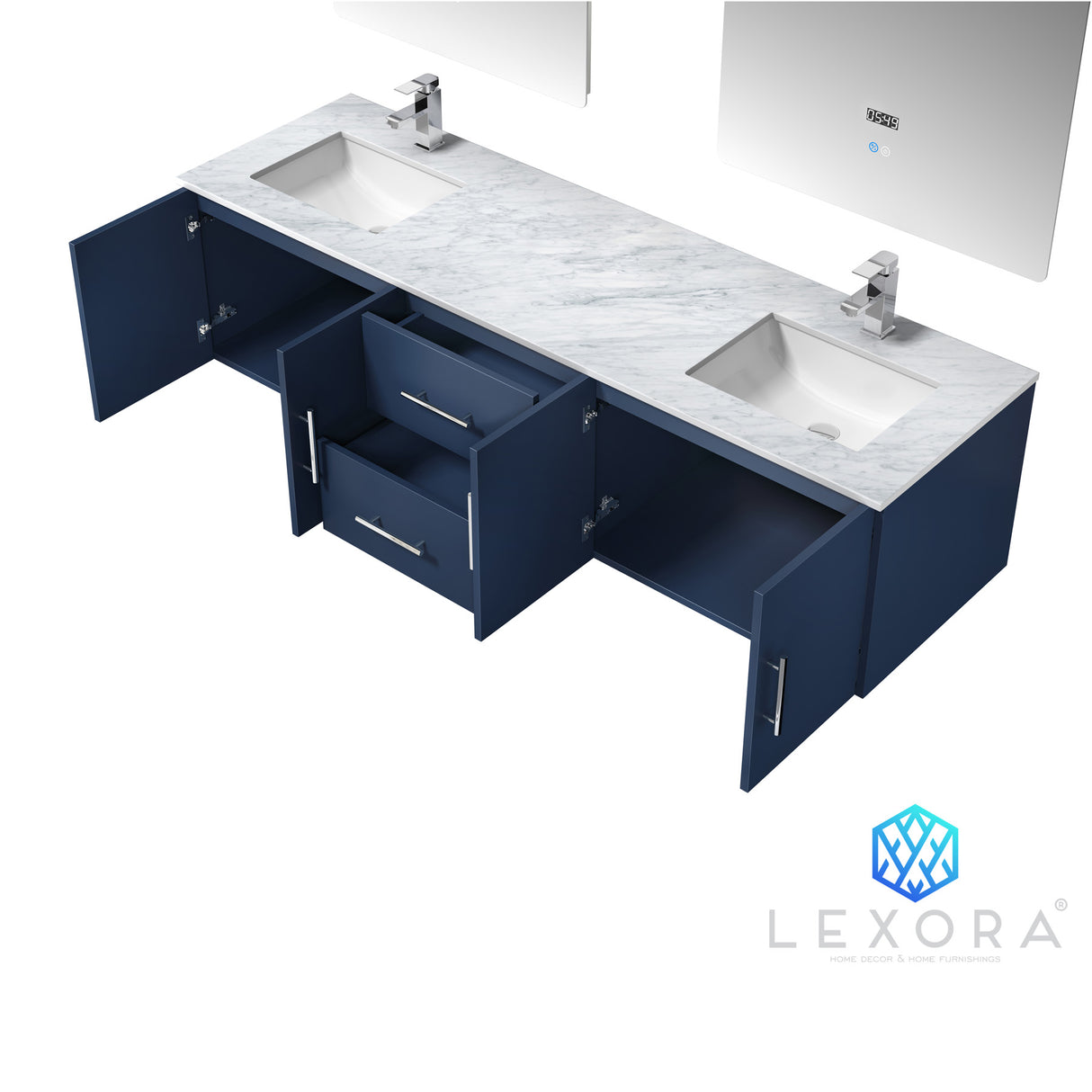 Geneva 72" Navy Blue Double Vanity, White Carrara Marble Top, White Square Sinks and 30" LED Mirrors w/ Faucets
