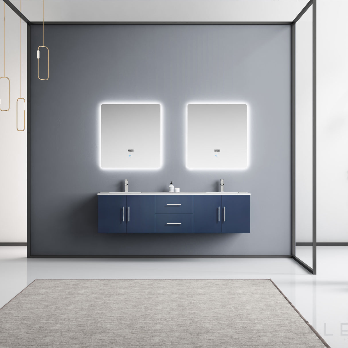 Geneva 72" Navy Blue Double Vanity, White Carrara Marble Top, White Square Sinks and 30" LED Mirrors