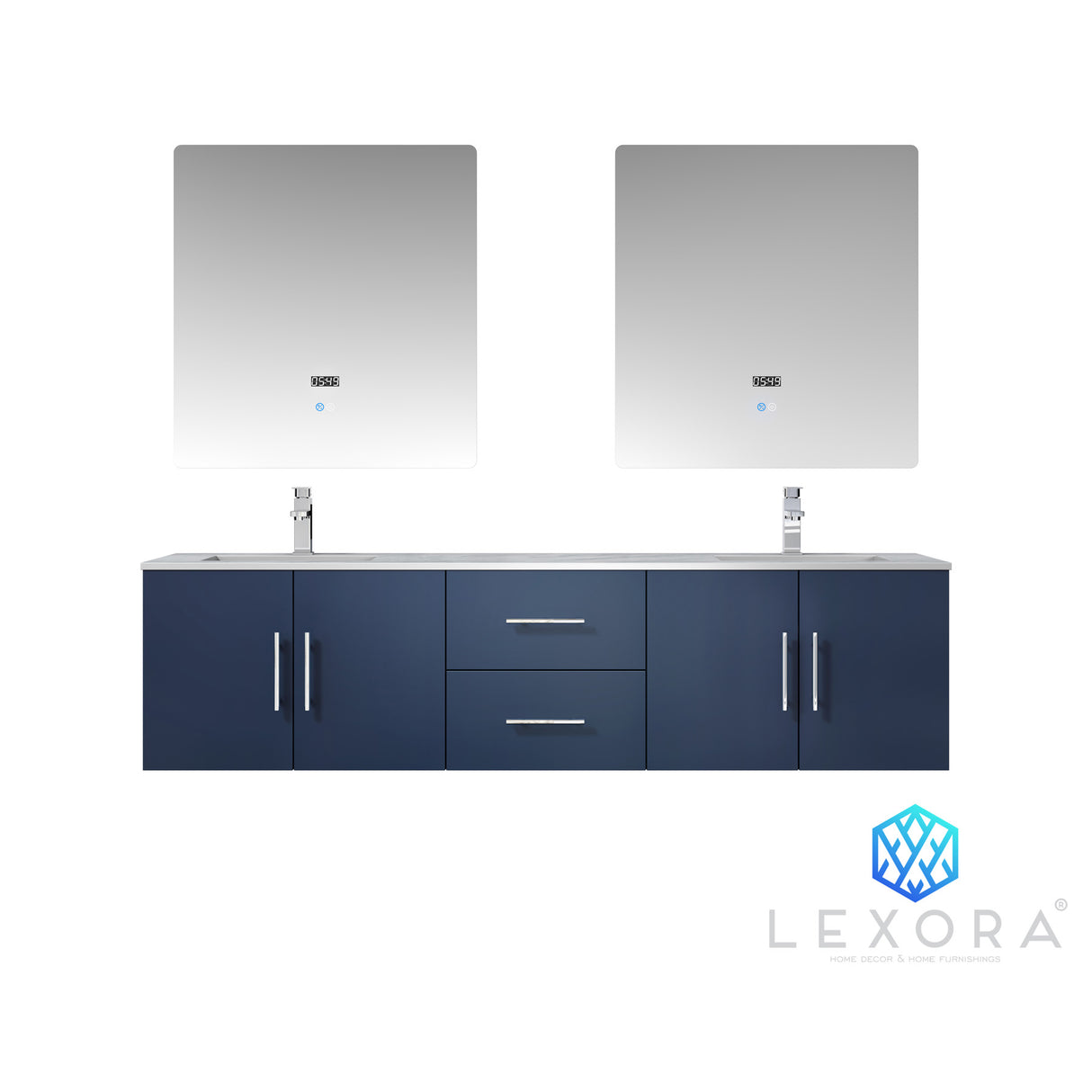 Geneva 72" Navy Blue Double Vanity, White Carrara Marble Top, White Square Sinks and 30" LED Mirrors