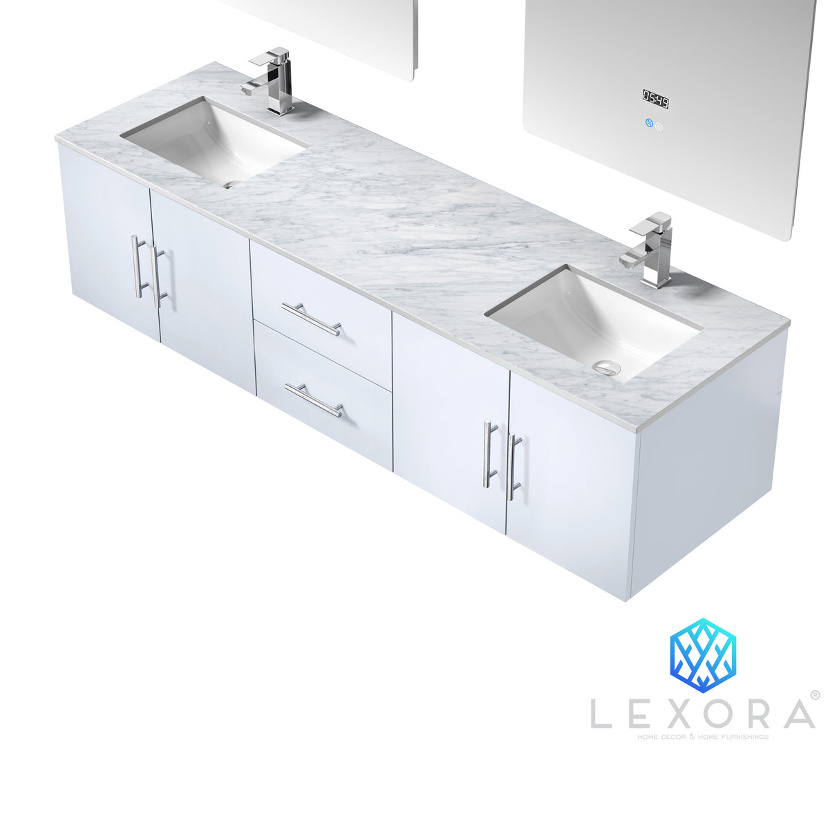 Geneva 72" Glossy White Double Vanity, White Carrara Marble Top, White Square Sinks and 30" LED Mirrors