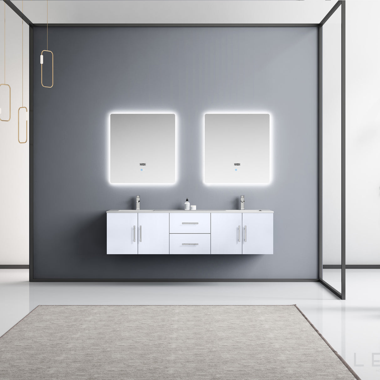 Geneva 72" Glossy White Double Vanity, White Carrara Marble Top, White Square Sinks and 30" LED Mirrors w/ Faucets