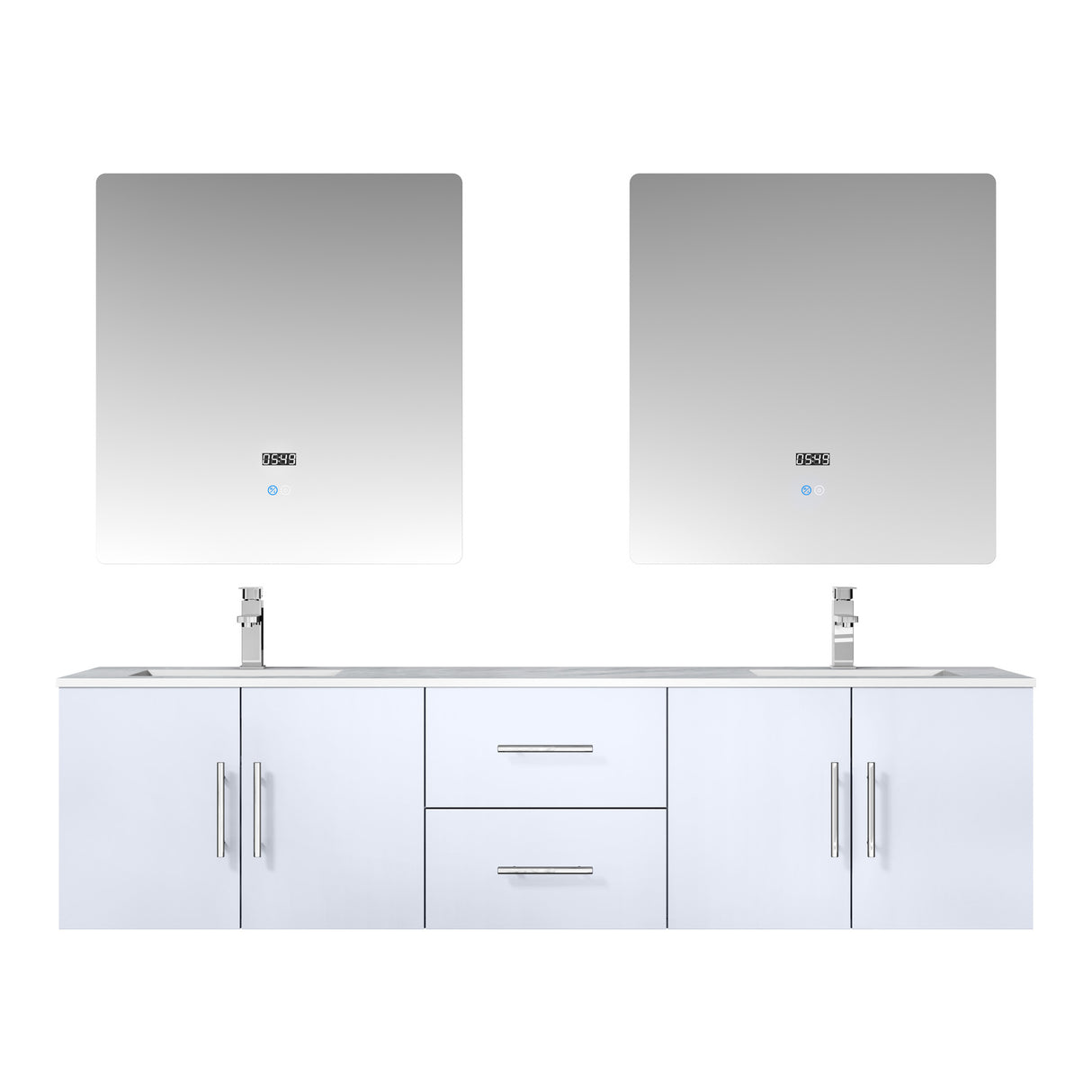 Geneva 72" Glossy White Double Vanity, White Carrara Marble Top, White Square Sinks and 30" LED Mirrors