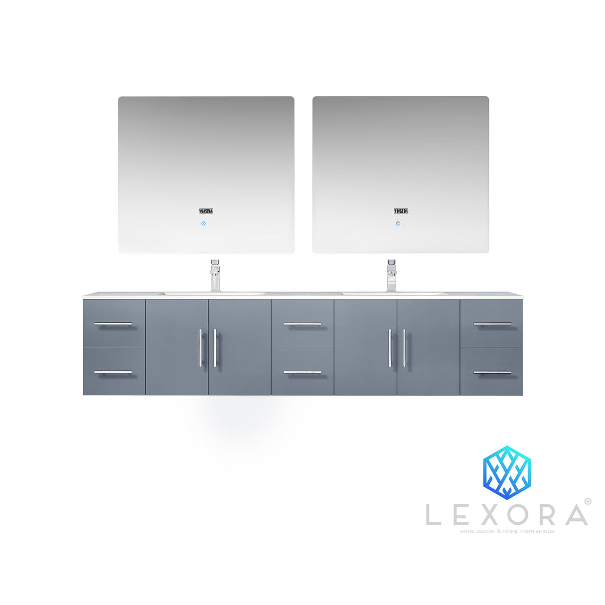 Geneva 84" Dark Grey Double Vanity, White Carrara Marble Top, White Square Sinks and 36" LED Mirrors