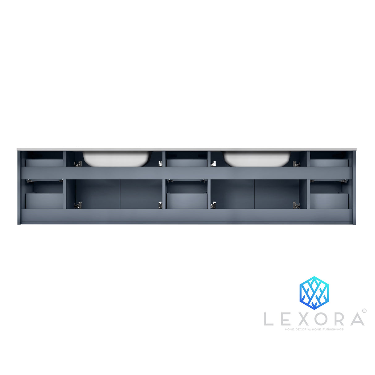 Geneva 84" Dark Grey Double Vanity, White Carrara Marble Top, White Square Sinks and 36" LED Mirrors w/ Faucets