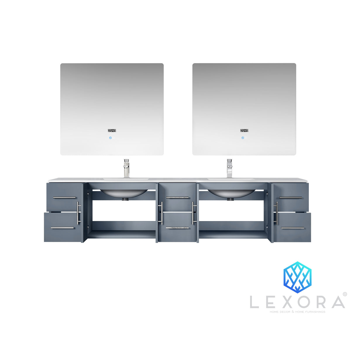 Geneva 84" Dark Grey Double Vanity, White Carrara Marble Top, White Square Sinks and 36" LED Mirrors w/ Faucets