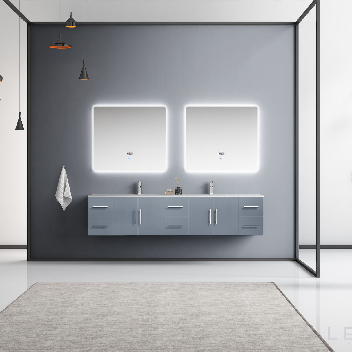 Geneva 84" Dark Grey Double Vanity, White Carrara Marble Top, White Square Sinks and 36" LED Mirrors