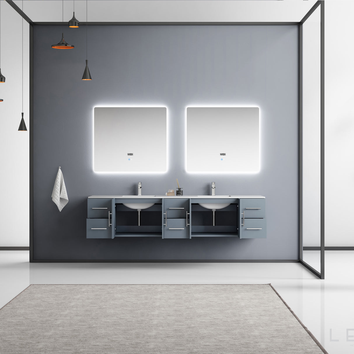 Geneva 84" Dark Grey Double Vanity, White Carrara Marble Top, White Square Sinks and 36" LED Mirrors w/ Faucets