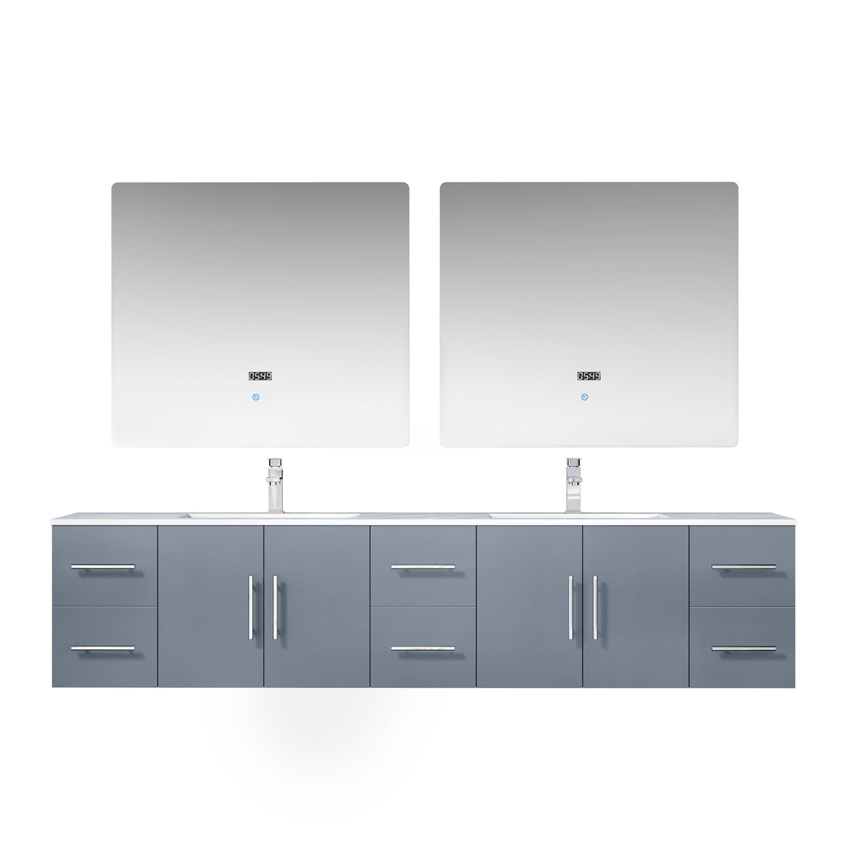 Geneva 84" Dark Grey Double Vanity, White Carrara Marble Top, White Square Sinks and 36" LED Mirrors w/ Faucets