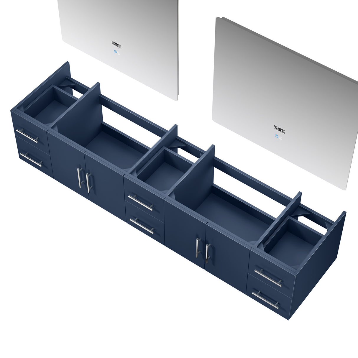 Geneva 84" Navy Blue Double Vanity, no Top and 36" LED Mirrors
