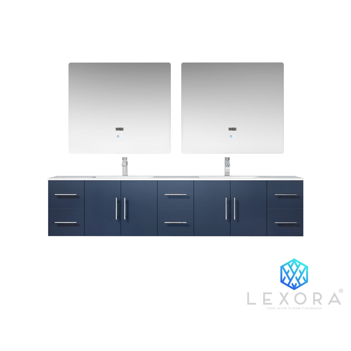 Geneva 84" Navy Blue Double Vanity, White Carrara Marble Top, White Square Sinks and 36" LED Mirrors