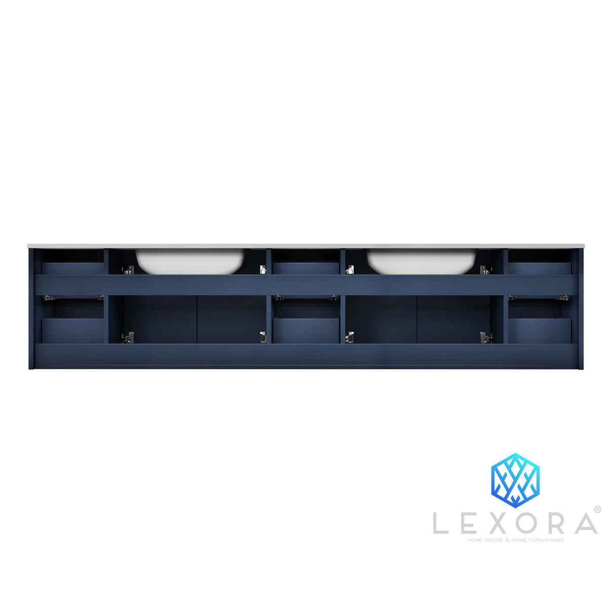 Geneva 84" Navy Blue Double Vanity, White Carrara Marble Top, White Square Sinks and 36" LED Mirrors w/ Faucets