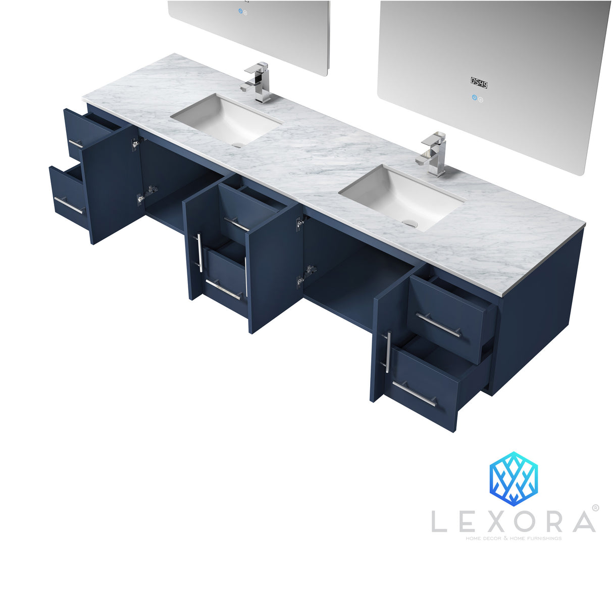 Geneva 84" Navy Blue Double Vanity, White Carrara Marble Top, White Square Sinks and 36" LED Mirrors