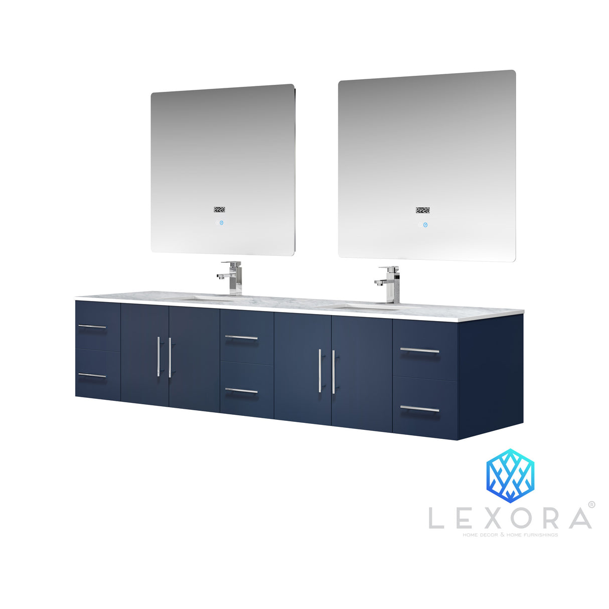 Geneva 84" Navy Blue Double Vanity, White Carrara Marble Top, White Square Sinks and 36" LED Mirrors w/ Faucets
