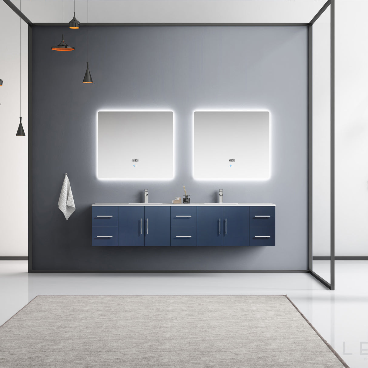 Geneva 84" Navy Blue Double Vanity, White Carrara Marble Top, White Square Sinks and 36" LED Mirrors