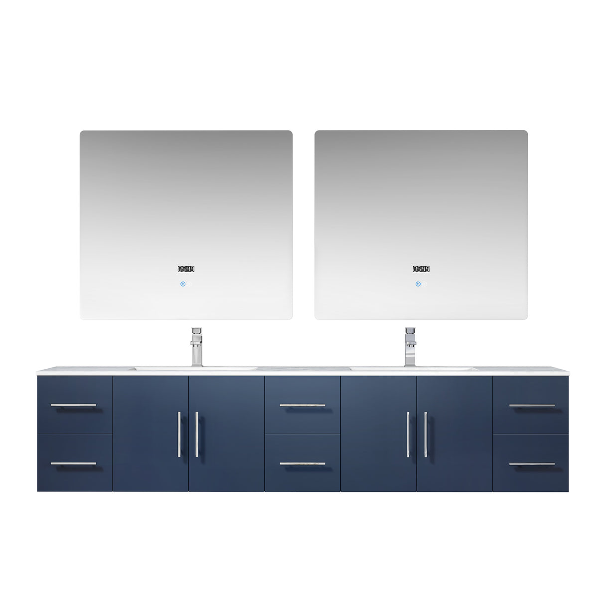 Geneva 84" Navy Blue Double Vanity, White Carrara Marble Top, White Square Sinks and 36" LED Mirrors w/ Faucets
