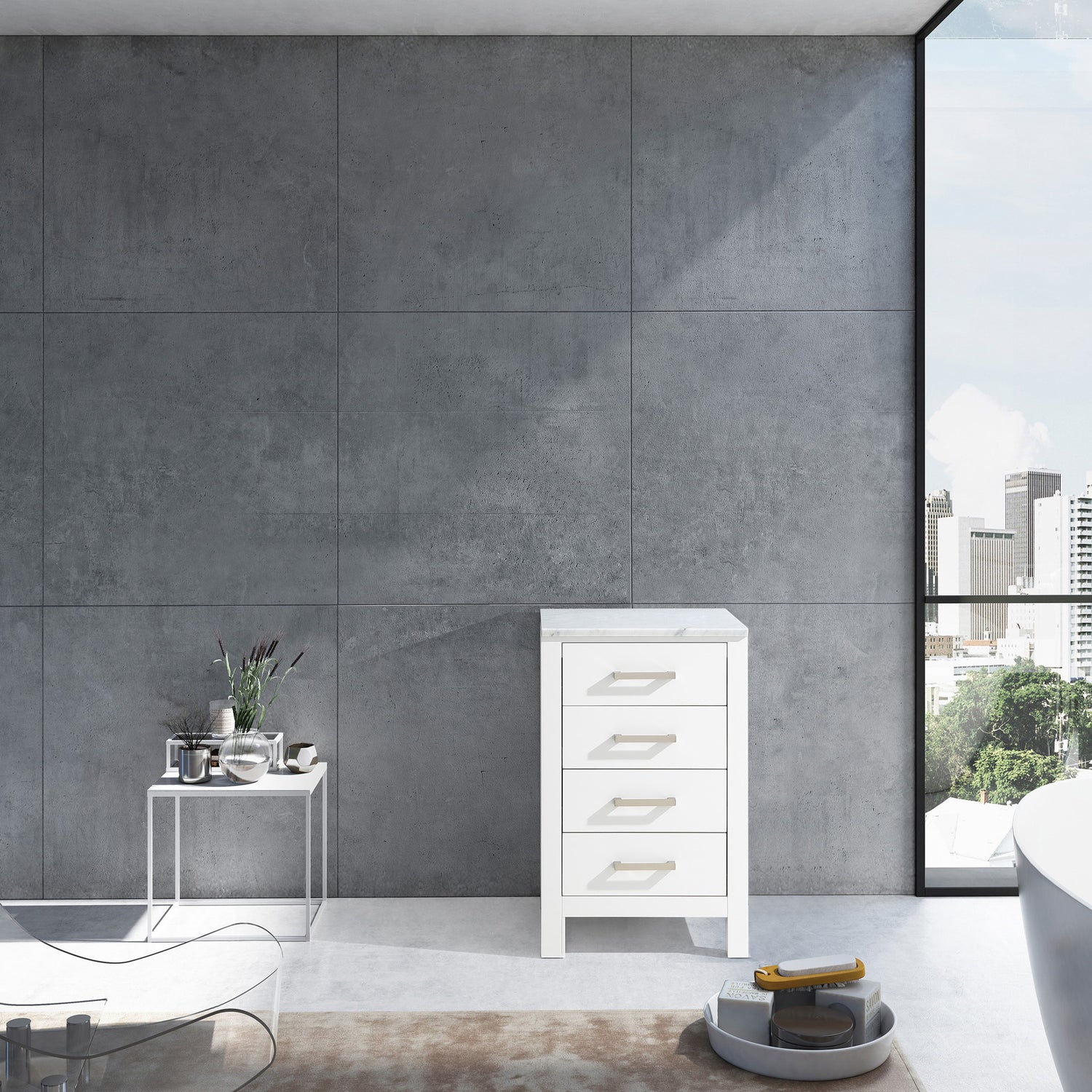 Jacques 20" White Side Cabinet, White Carrara Marble Top