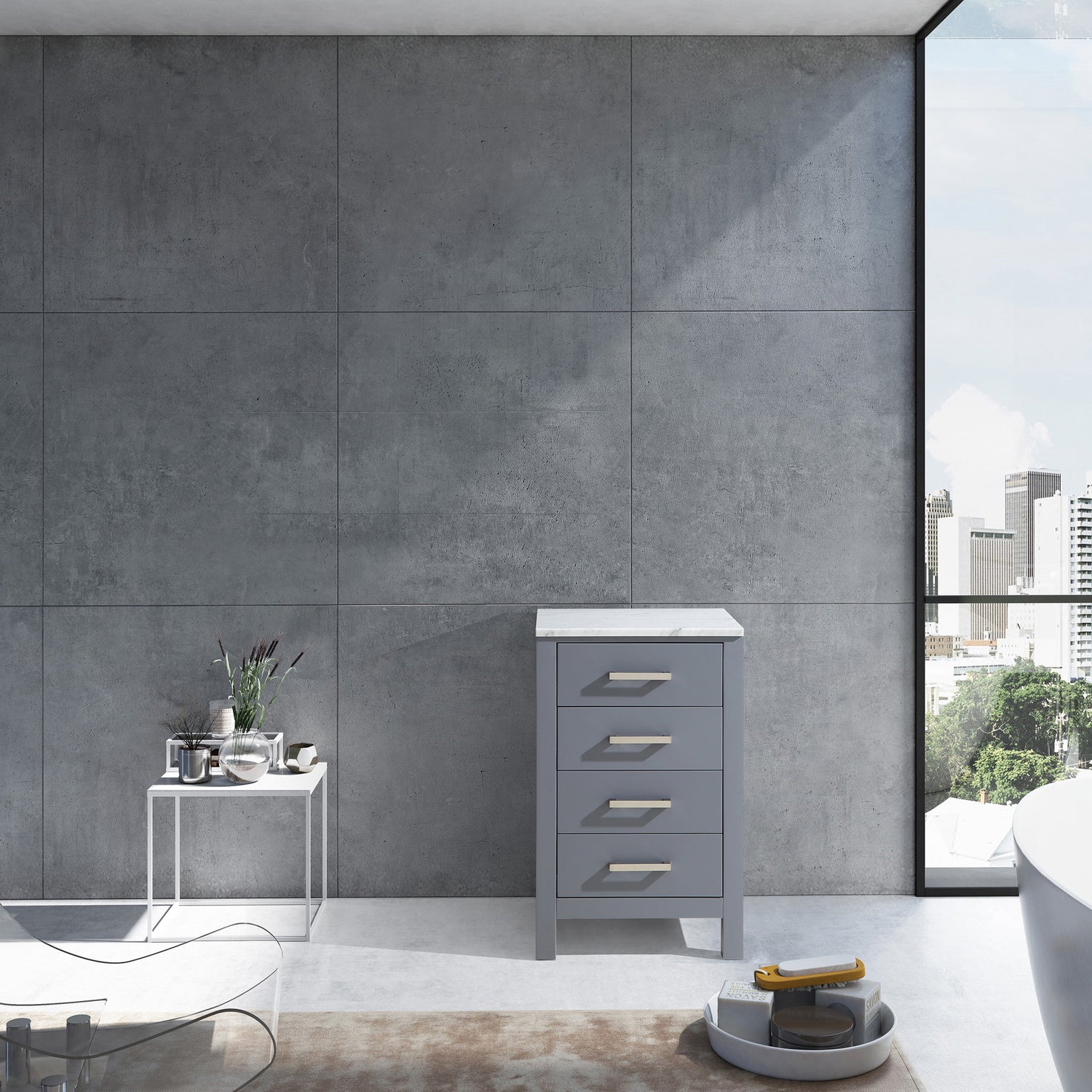 Jacques 20" Dark Grey Side Cabinet, White Carrara Marble Top