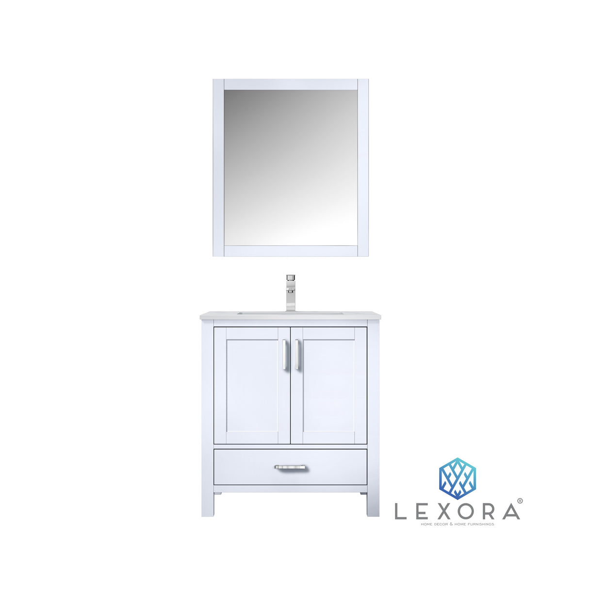Jacques 30" White Single Vanity, White Carrara Marble Top, White Square Sink and 28" Mirror