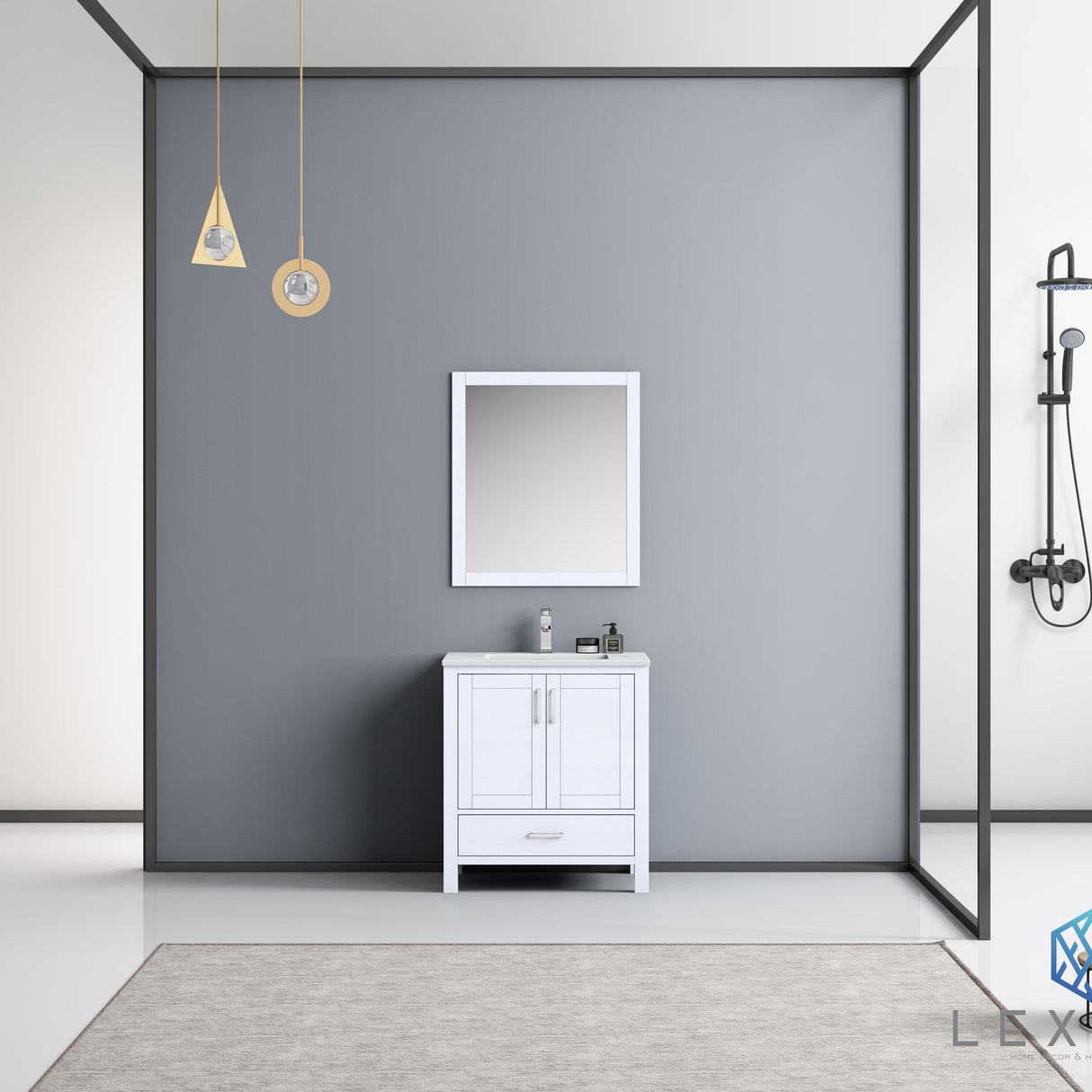 Jacques 30" White Single Vanity, White Carrara Marble Top, White Square Sink and 28" Mirror