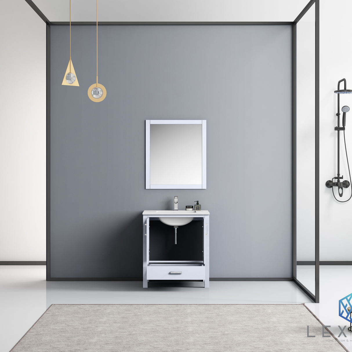 Jacques 30" White Single Vanity, White Carrara Marble Top, White Square Sink and 28" Mirror