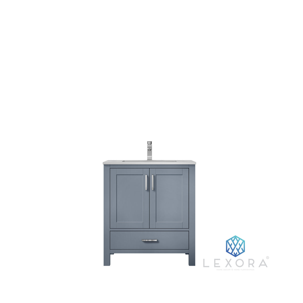 Jacques 30" Dark Grey Single Vanity, White Carrara Marble Top, White Square Sink and 28" Mirror w/ Faucet