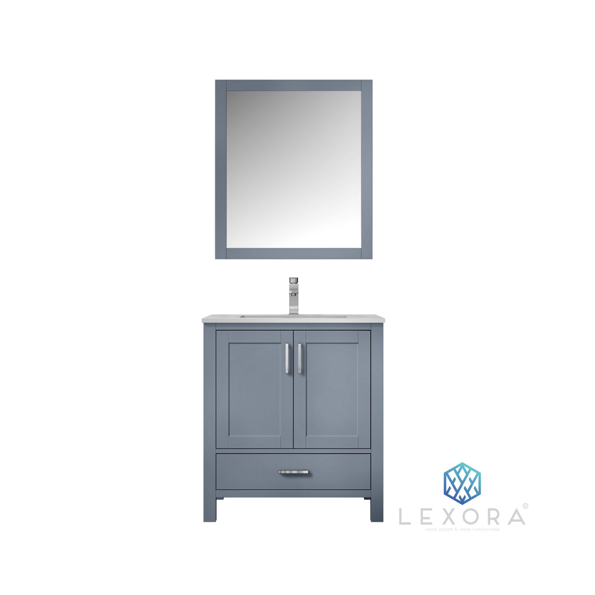 Jacques 30" Dark Grey Single Vanity, White Carrara Marble Top, White Square Sink and 28" Mirror w/ Faucet