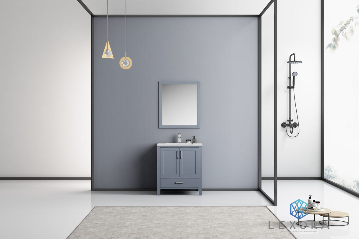 Jacques 30" Dark Grey Single Vanity, White Carrara Marble Top, White Square Sink and 28" Mirror w/ Faucet