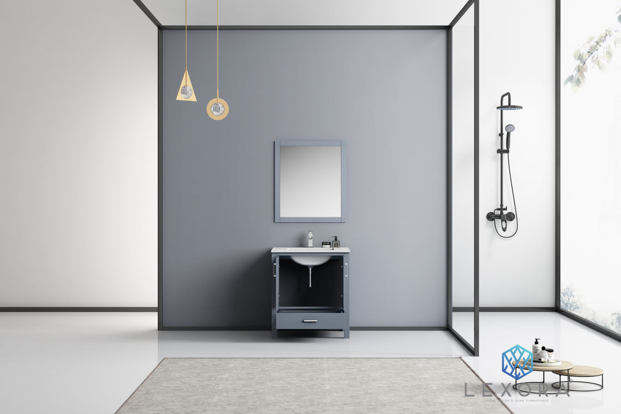 Jacques 30" Dark Grey Single Vanity, White Carrara Marble Top, White Square Sink and 28" Mirror w/ Faucet