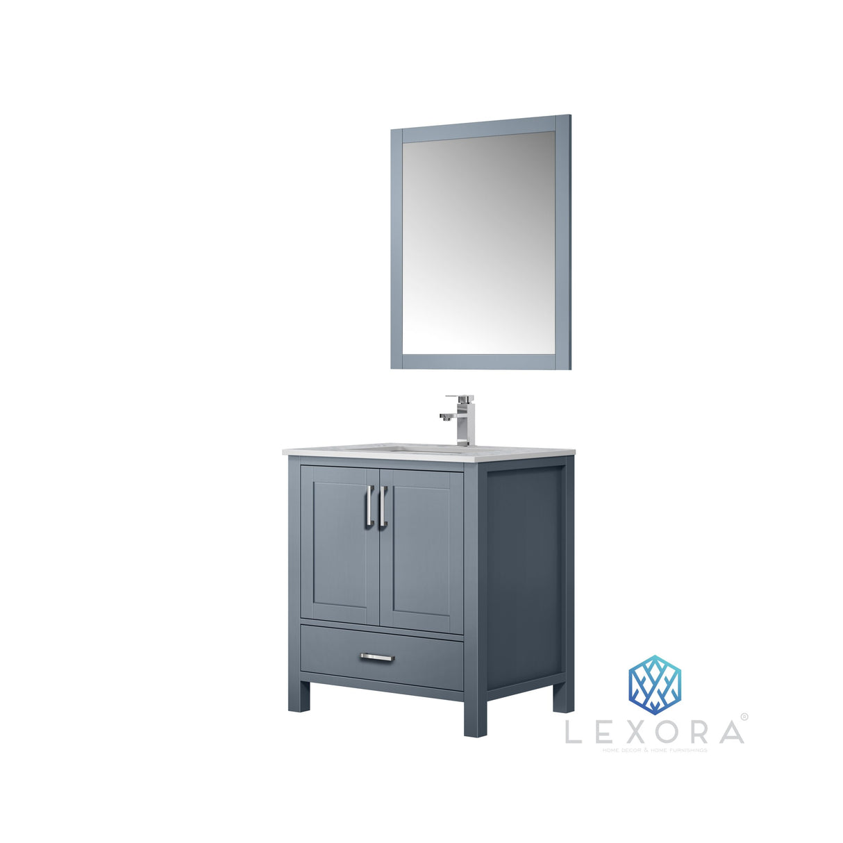Jacques 30" Dark Grey Single Vanity, White Carrara Marble Top, White Square Sink and 28" Mirror w/ Faucet