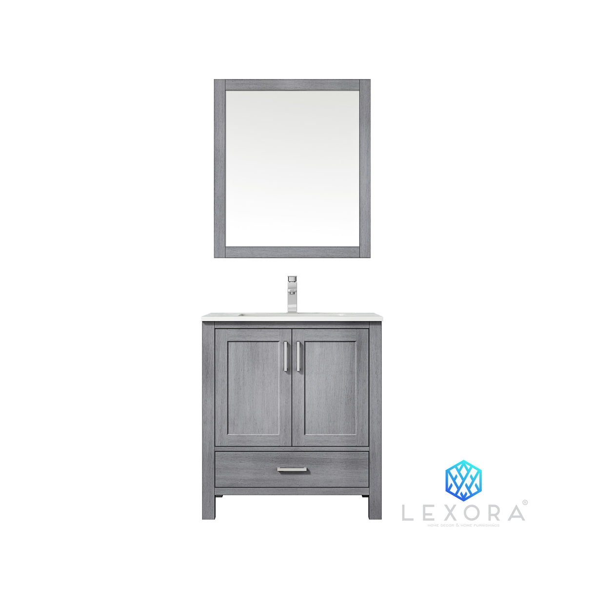 Jacques 30" Distressed Grey Single Vanity, White Carrara Marble Top, White Square Sink and 28" Mirror