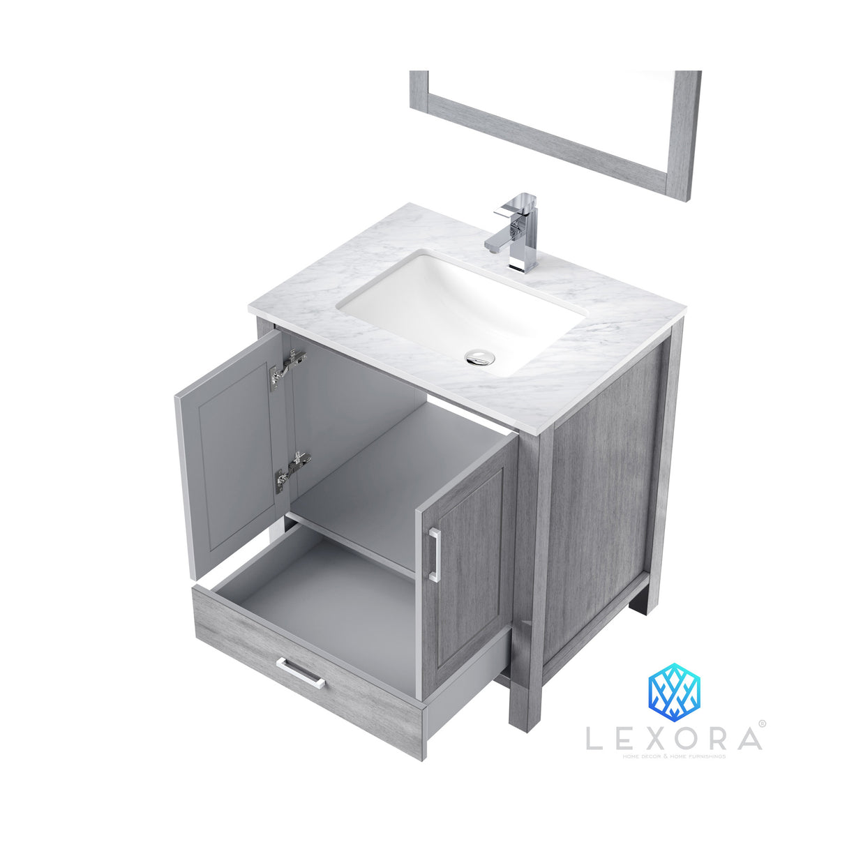 Jacques 30" Distressed Grey Single Vanity, White Carrara Marble Top, White Square Sink and 28" Mirror