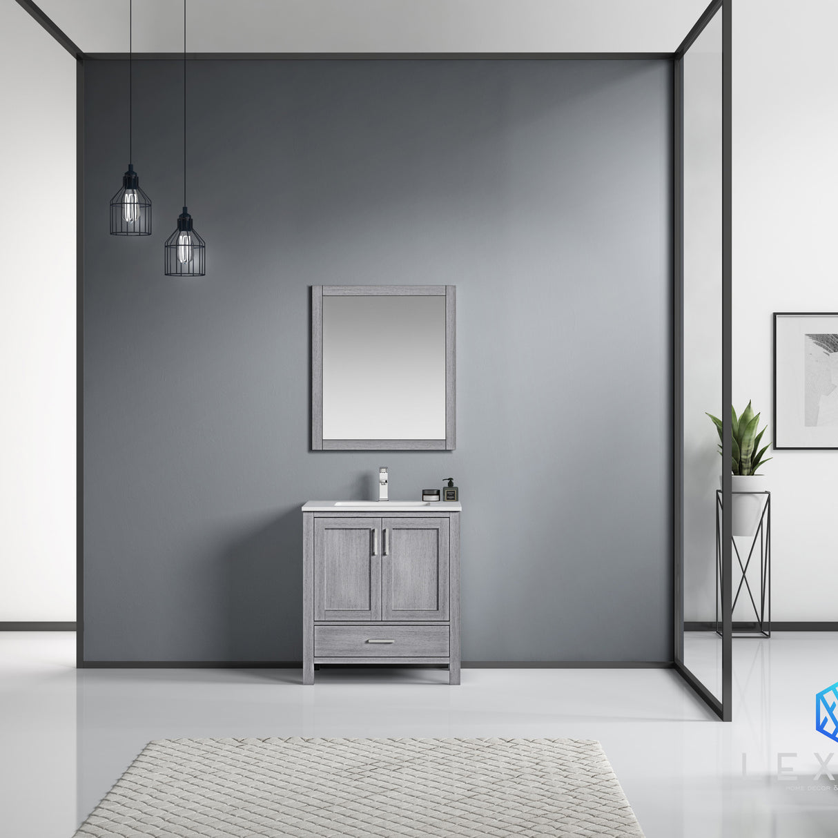 Jacques 30" Distressed Grey Single Vanity, White Carrara Marble Top, White Square Sink and 28" Mirror