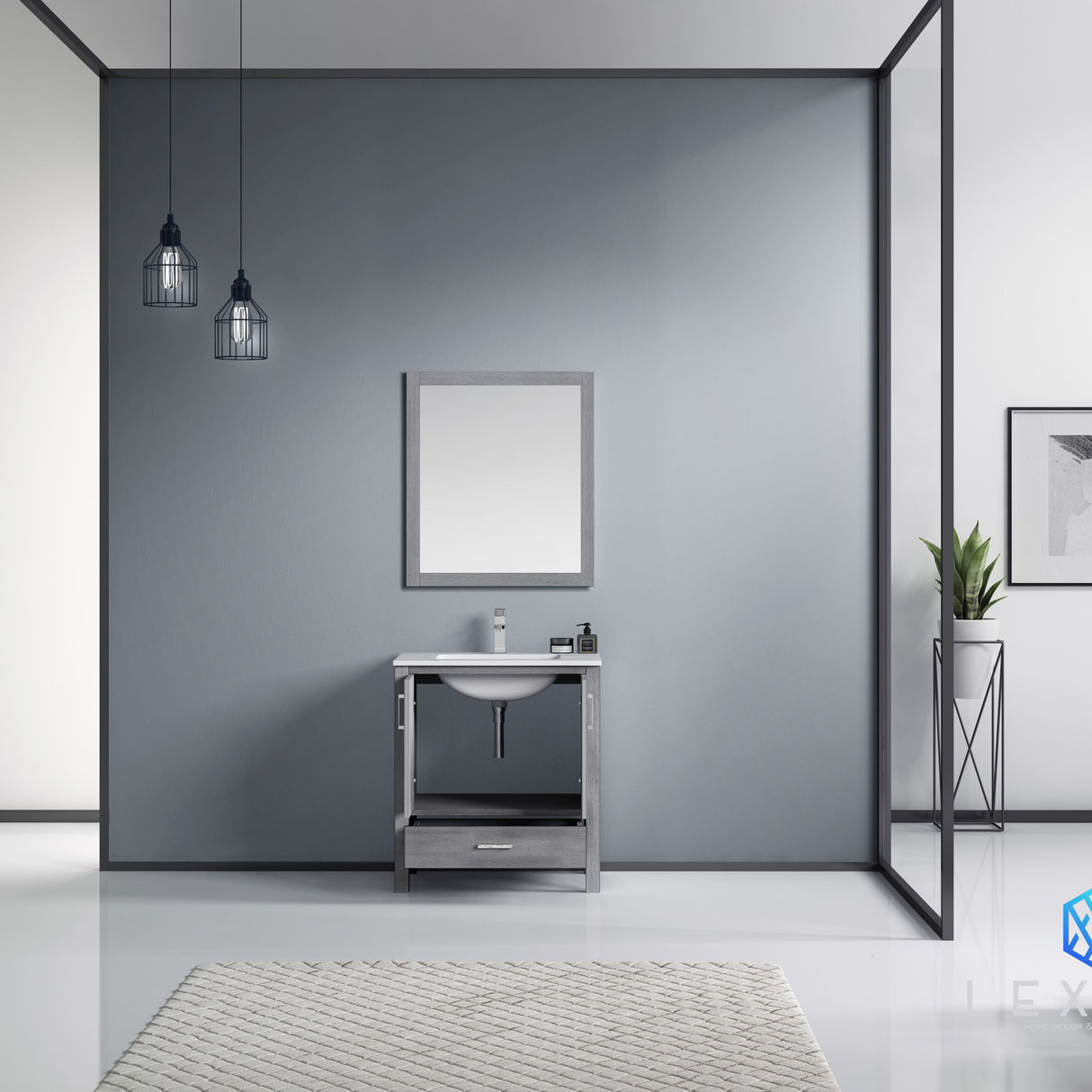 Jacques 30" Distressed Grey Single Vanity, White Carrara Marble Top, White Square Sink and 28" Mirror