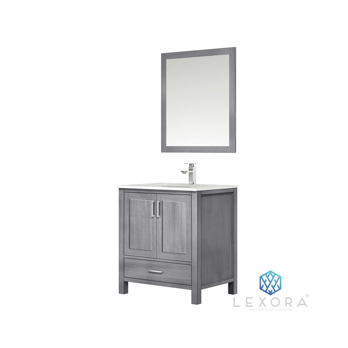 Jacques 30" Distressed Grey Single Vanity, White Carrara Marble Top, White Square Sink and 28" Mirror