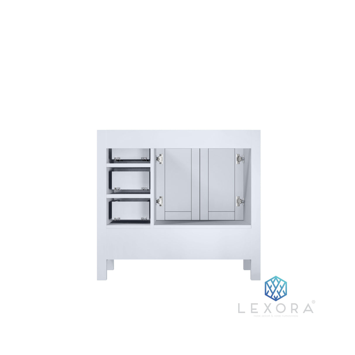 Jacques 36" White Single Vanity, White Carrara Marble Top, White Square Sink and 34" Mirror w/ Faucet - Left Version