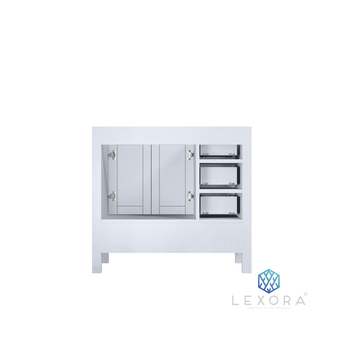 Jacques 36" White Single Vanity, White Carrara Marble Top, White Square Sink and 34" Mirror w/ Faucet - Right Version