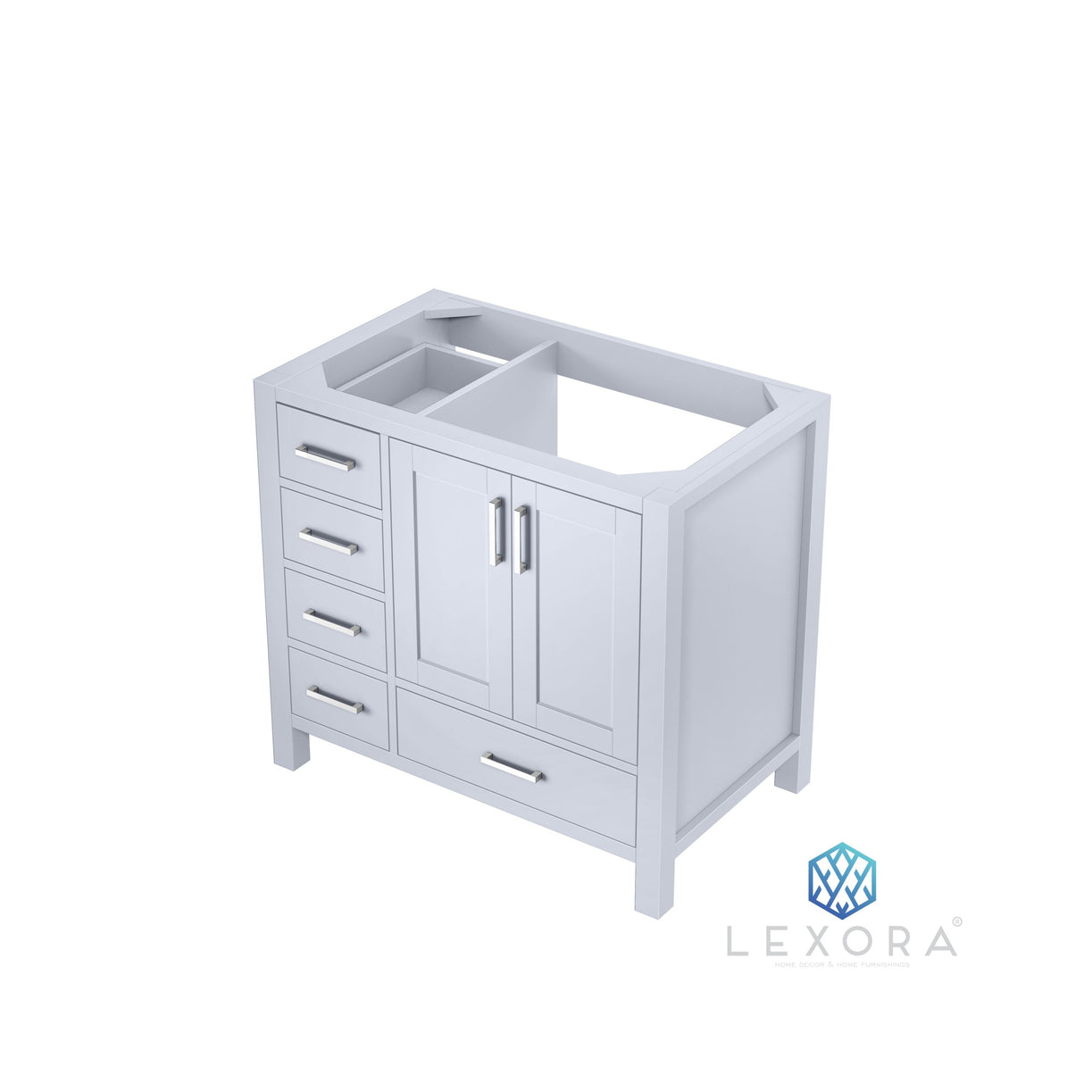 Jacques 36" White Single Vanity, White Carrara Marble Top, White Square Sink and 34" Mirror w/ Faucet - Right Version