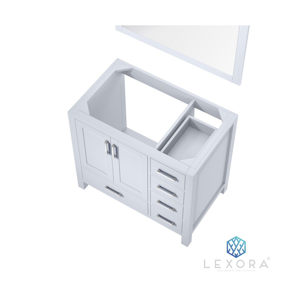 Jacques 36" White Single Vanity, White Carrara Marble Top, White Square Sink and 34" Mirror w/ Faucet - Left Version