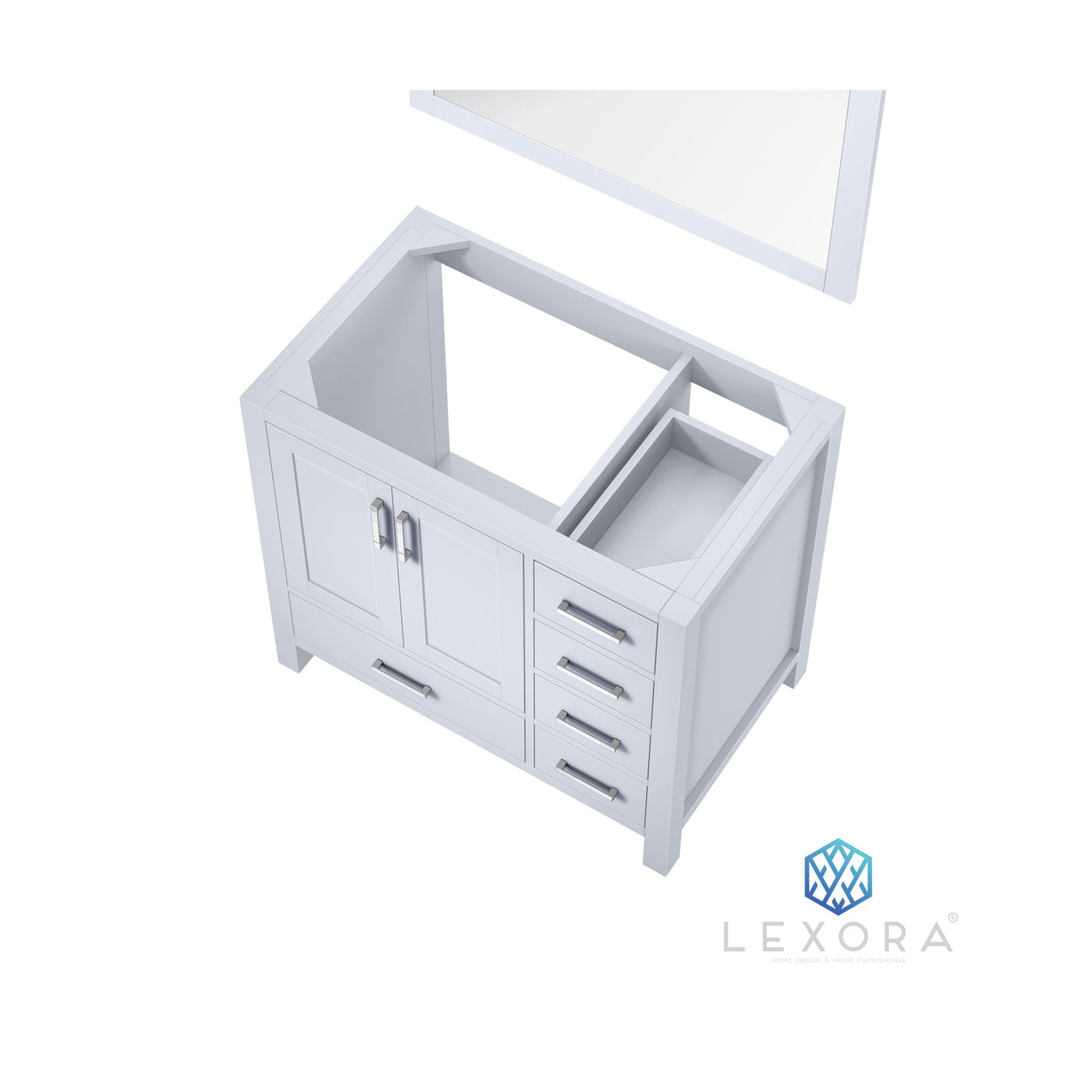 Jacques 36" White Single Vanity, no Top and 34" Mirror - Left Version